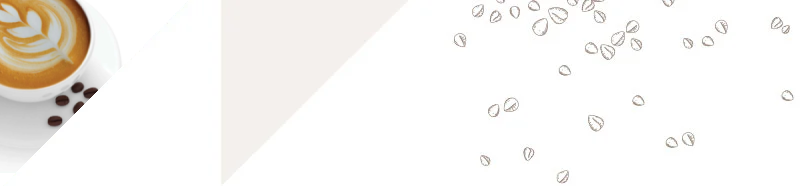A decorative image features a latte with a flower latte art in a triangle on the left, with a beige triangle in the middle, and sketched coffee beans on the right