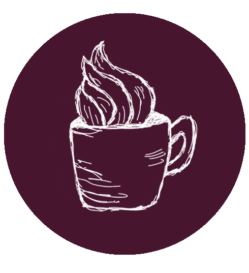 A decorative image, a maroon circle with a white sketched icon of a cup of coffee in the middle. Below, information about Tree City's coffee can be seen.