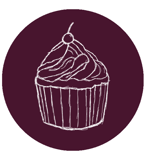 A decorative image, a maroon circle with a white sketched icon of a cupcake in the middle.