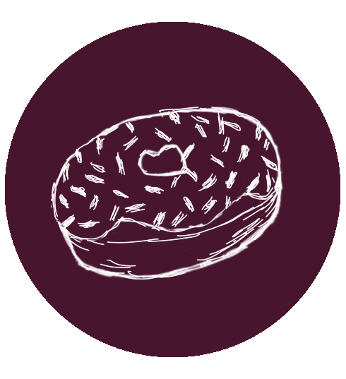 A decorative image, a maroon circle with a white sketched icon of a bagel in the middle.