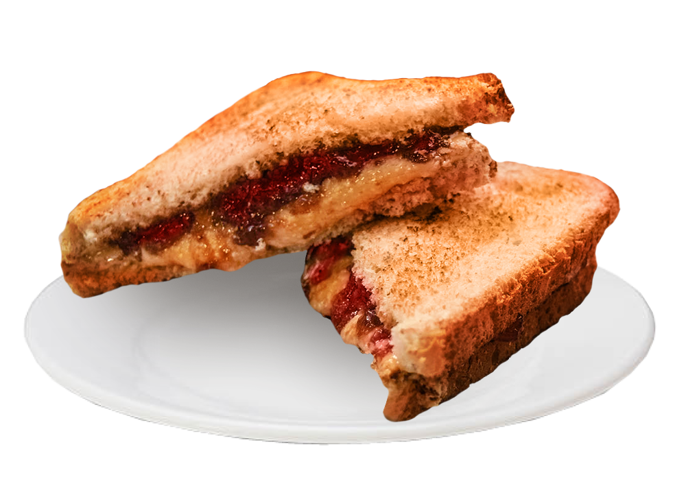 The image features a peanut butter and jelly sandwich on a plate. The jelly is grape, and the sandwich is toasted.