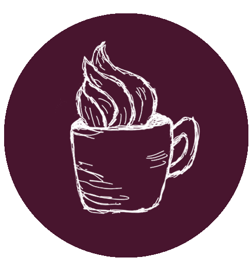 A decorative image, a maroon circle with a white sketched icon of a cup of coffee in the middle.